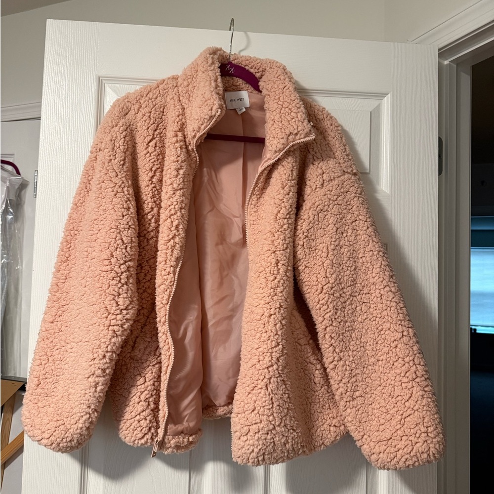 Nine West Soft Blush Pink Lined Teddy Jacket. Size L. Fuzzy. Faux Fur.